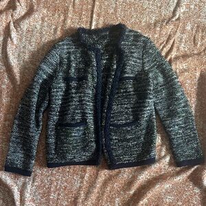 Ann Taylor Tweed Knit Jacket Cardigan Medium Navy Fringe Pockets